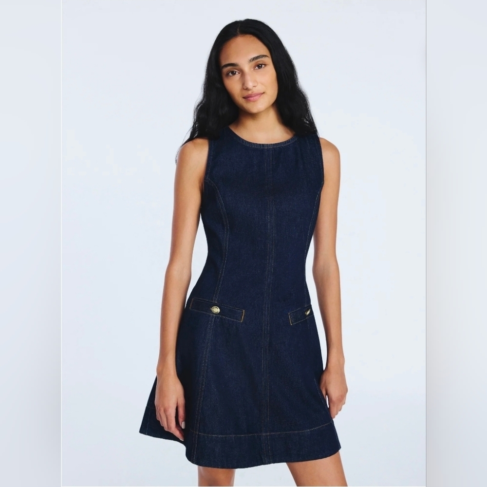 Free Assembly NEW Denim Mini Dress Gold Buttons 100% Cotton Dark Indigo - Picture 3 of 10